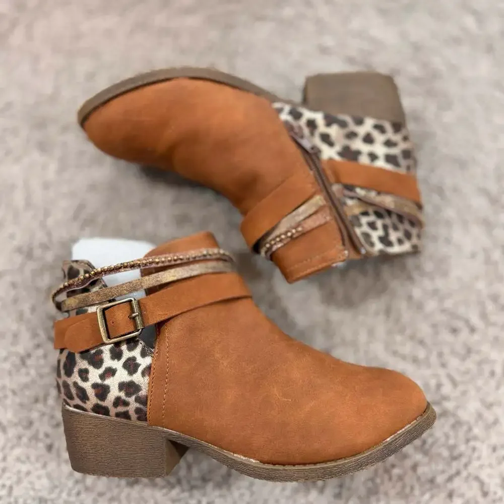 Biddy Girls Tan Leopard‎ Western Ankle Boots Size 4M Boutique Booties EUC